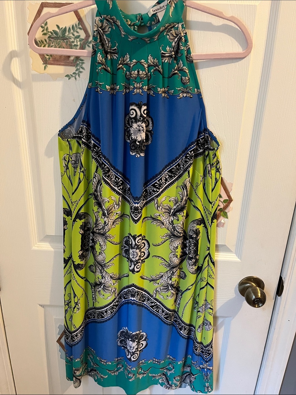 Laundry by Design Teal, Blue & Lime Patterned Halter Midi Dress